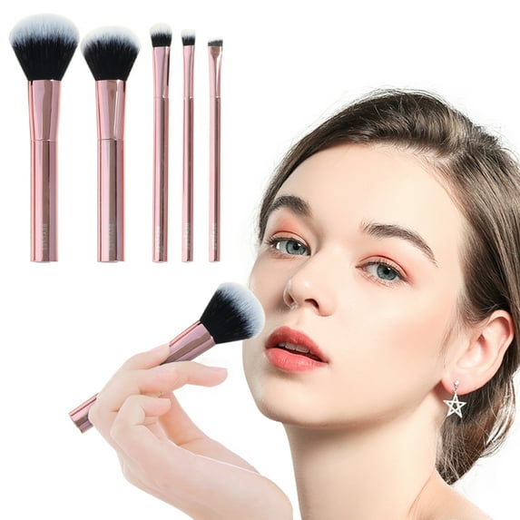 BEASOFEE Loose Powder Brush,Rose Gold Makeup Brushes Set, Foundation Brush,Eyeshadows Angled Eyeliner Brush 5 Pcs Kit