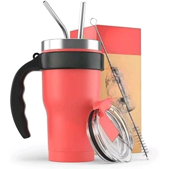 BEAST 20 oz Coral Pink Tumbler Set with Handle - Stainless Steel Coffee Cup + 2 Straws Brush, Gift Box & Black Handle$$Home Decor, Kitchen, & Other