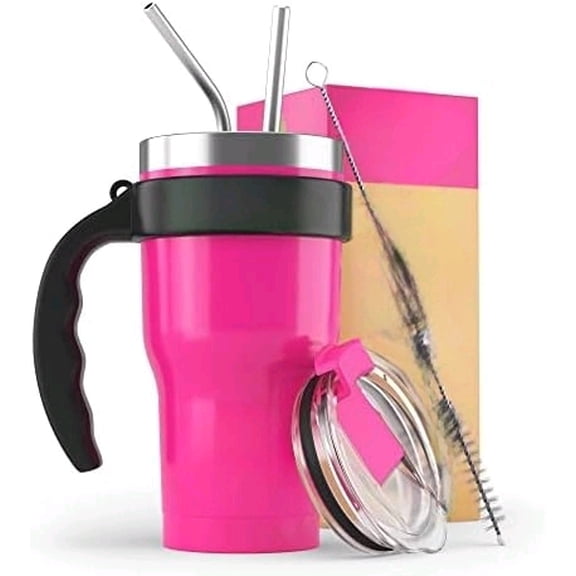 BEAST 20 oz Cupcake Pink Tumbler Set with Handle - Stainless Steel Coffee Cup + 2 Straws Brush, Gift Box & Black Handle$$Home Decor, Kitchen, & Other