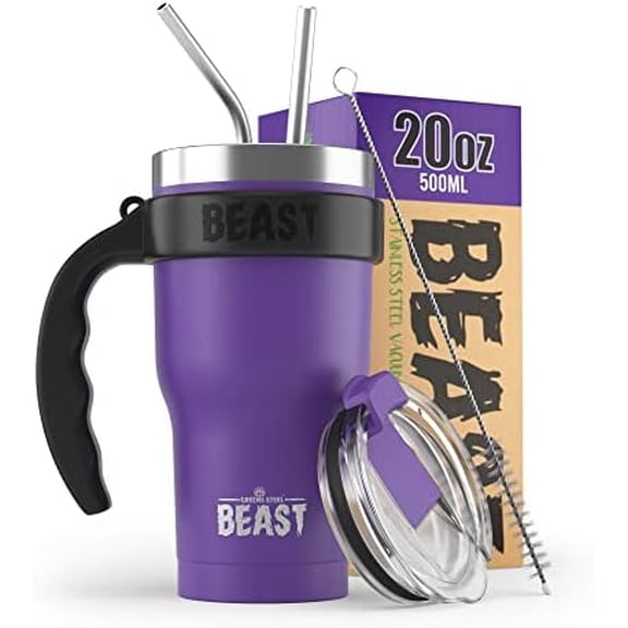 BEAST 20 oz Purple Tumbler Set with Handle - Stainless Steel Coffee Cup + 2 Straws Brush, Gift Box & Black Handle