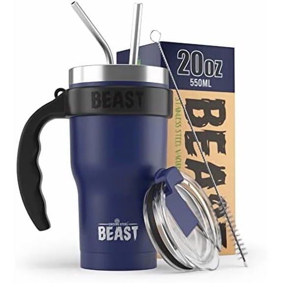 BEAST 20 oz Royal Blue Tumbler Set with Handle - Stainless Steel Coffee Cup + 2 Straws Brush, Gift Box & Black Handle