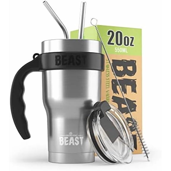 BEAST 20 oz Stainless Steel Tumbler Set with Handle - Stainless Steel Coffee Cup + 2 Straws Brush, Gift Box & Black Handle