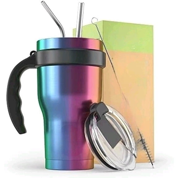BEAST 30 oz Rainbow Tumbler Set with Handle - Stainless Steel Coffee Cup + 2 Straws Brush, Gift Box & Black Handle$$Home Decor, Kitchen, & Other