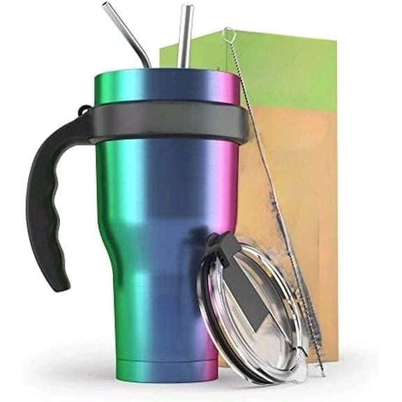 BEAST 40 oz Rainbow Tumbler Set with Handle - Stainless Steel Coffee Cup + 2 Straws Brush, Gift Box & Black Handle$$Home Decor, Kitchen, & Other