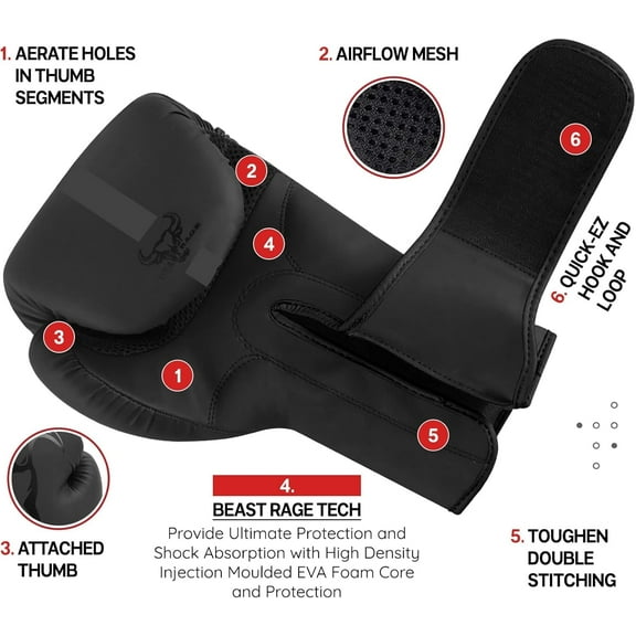 BEAST RAGE Boxing Gloves Training Sparring Pro Impact Muay Thai MMA Kickboxing Men Women Adult Heavy Punching Bag Focus Pads Mitts Speed Workout Ventilated Palm 8 10 12 14 16 Oz (Black, 14 oz)