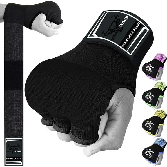"BEAST RAGE Boxing Wraps Hand Gel Gloves MMA 75cm Long Wrap Padded Elasticated Quick Boxing Punching Bag Training Muay Thai Hand Wraps set UFC Bandages For Men Ladies kids (L (Adult), Black),,