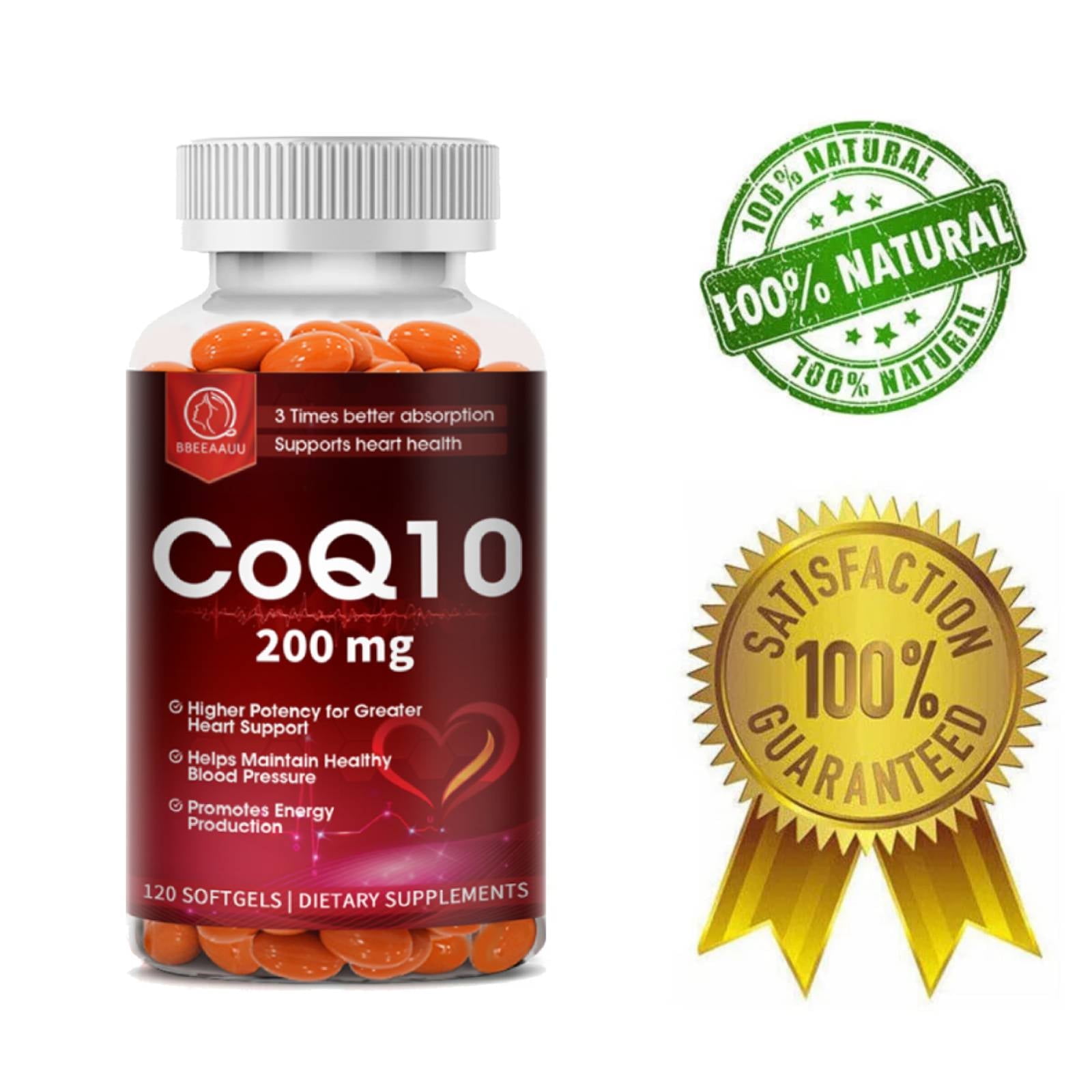 BEAU COQ10 Coenzyme Q10 200mg Vegetarian Capsule Promotes Cardiovascular Health Heart Health - 120Ct