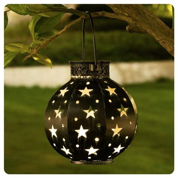 BEAU JARDIN 4 Pack Hanging Solar Lanterns Decorative Stars Lights Outdoor Waterproof Metal Landscape Lights Warm White LED Auto On/Off for Christmas Decoration Table Yard Patio Party Black BG422