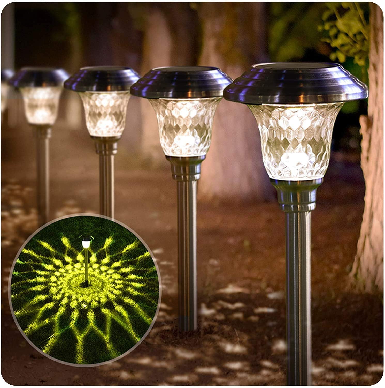 BEAU JARDIN 4 Pack Solar Lights Pathway Outdoor Waterproof Supper Bright Up to 12 Hrs Glass Stainless Steel Metal Auto On/Off Solar Powered Landscape LED Lighting for Garden Yard Walkway Stakes