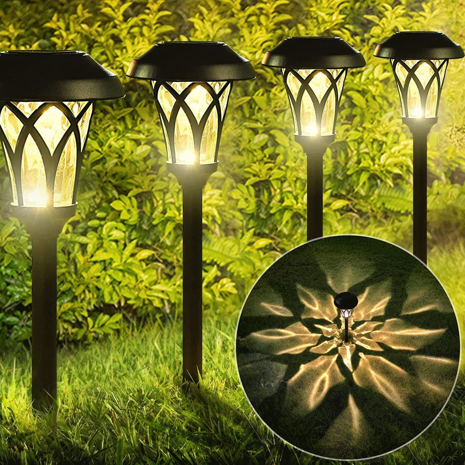 BEAU JARDIN Pack Glass Solar Pathway Landscape Lights LED Stainless Steel  Waterproof Bright Outdoor Garden with Stakes Auto On/Off Sun Powered Warm  White Lighting Walkway Metal Pattern Black BG320