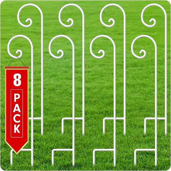 BEAU JARDIN 8 Pack Shepherds Hooks for Outdoor 48 Inch Single Piece No Assembly Solid Metal Heavy Duty Non-Hollow Wedding Plants Bird Feeder Pole Lanterns Garden Shepards Hooks White