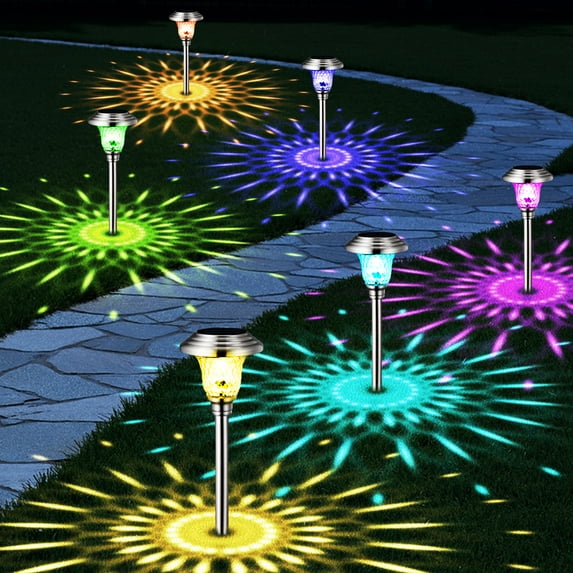 BEAU JARDIN 8 Pack Solar Pathway Lights Color Changing Outdoor Waterproof Multi Color Halloween LED Glass Stainless Steel Metal Garden Landscape Lighting for Yard Walkway Lawn Stake Colorful BG212