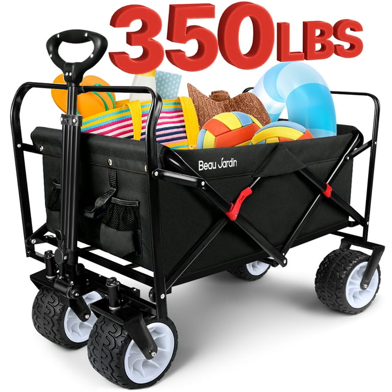 BEAU JARDIN Foldable All Terrain Beach Cart With 360° Wheels, Heavy Duty Utility Black Cart
