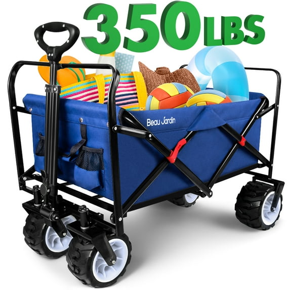 BEAU JARDIN Folding Wagon Cart 350 Pound Capacity Collapsible Foldable Beach Wagon with Big Wheels for Sand Camping Grocery Canvas Garden Sports Heavy Duty Shopping All Terrain Utility Blue