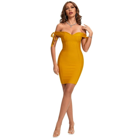 BEAUKEY Ginger Women Off Shoulder Bandage Dress Knee Length Female Evening Bodycon