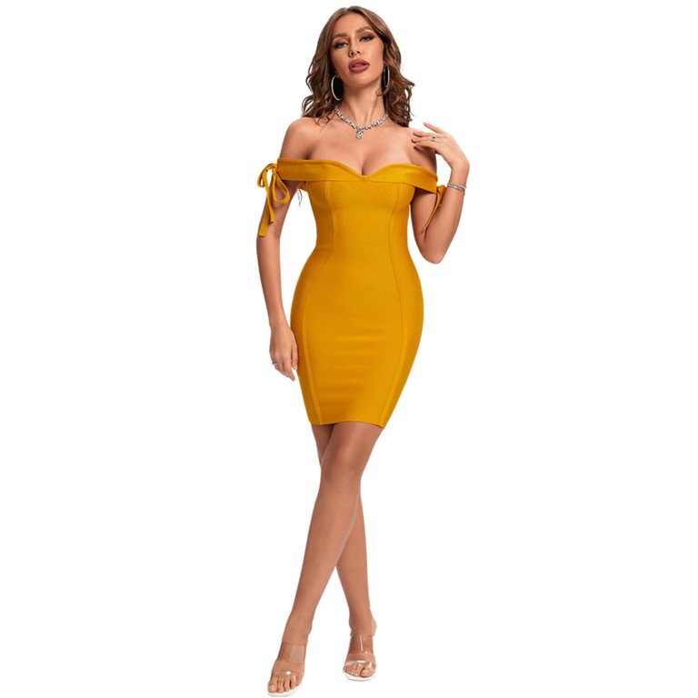 ginger bodycon dress BEAUKEY Ginger Women Off Shoulder Bandage Dress Knee Length Female Evening  Bodycon