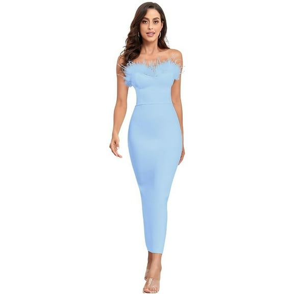 BEAUKEY Women's Blue Bandage Dress Maxi Off Shoulder Evening Dress Feather Sweetheart Neck Bodycon Dress Gown