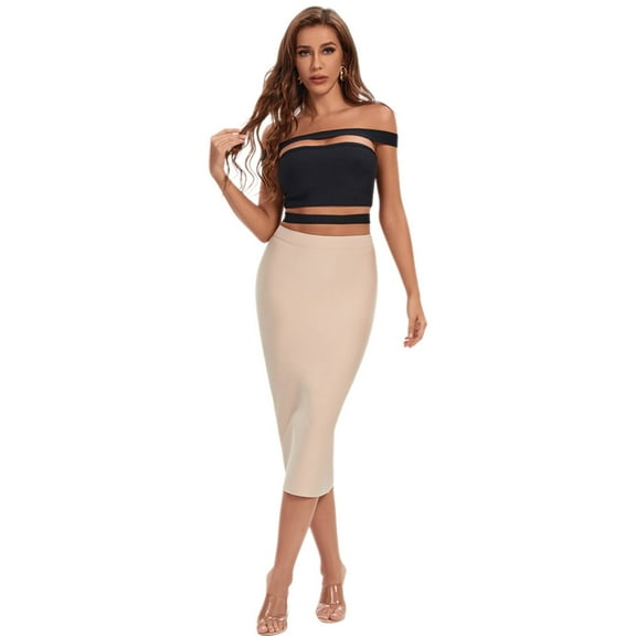 BEAUKEY Women's Cut Out Bodycon Black Top Camis Summer Party Club Khaki Dress Split 2 Piece Sets