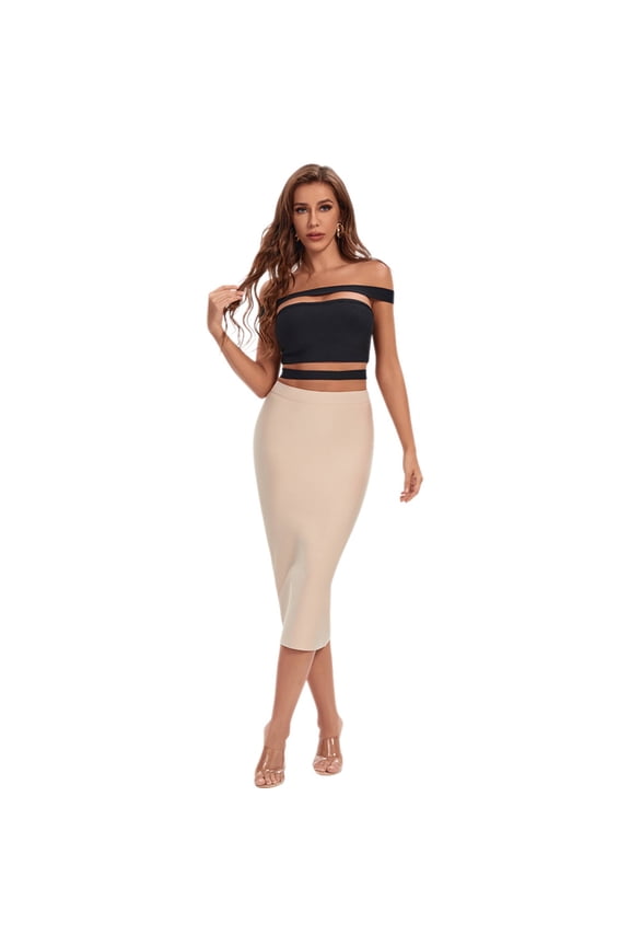 Women's Cut Out Bodycon Black Top Camis Summer Party Club Khaki Dress Split 2 Piece Sets