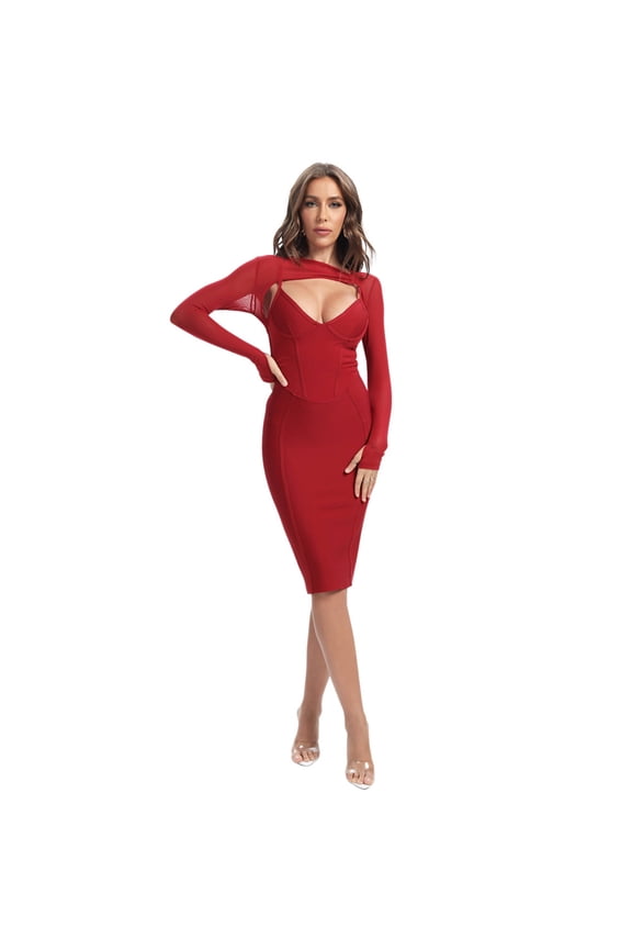 Women's Sexy Mesh Bandage Dress V Neck Bodycon Long Sleeves Celebrity Club Hollow Party Knee Length Vestidos Red