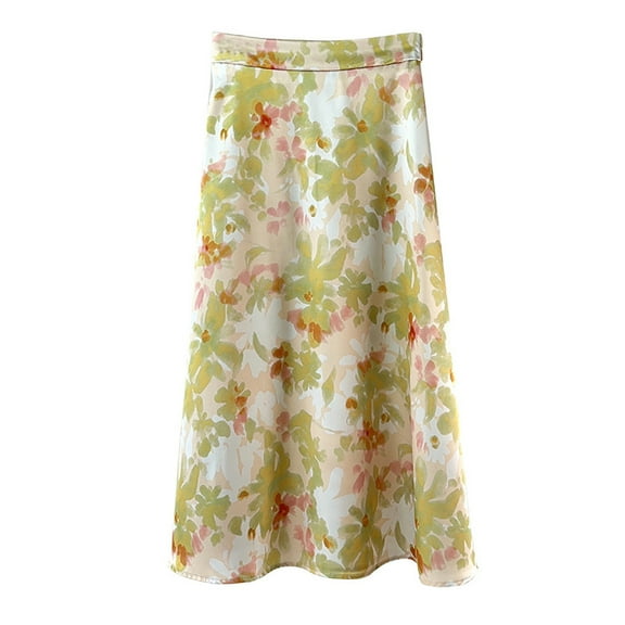 BEAUKEY Women's Silk Satin Midi Skirt Floral Print Flowy Skirt High Waist A Line Flare Pencil Skirt