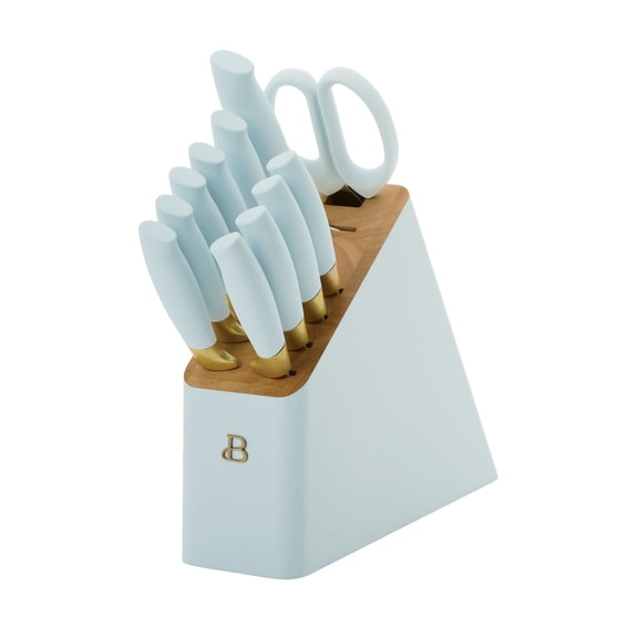 Beautiful 12 Piece Hydrangea Blue and Gold Knife Block Set with Soft-Grip Ergonomic Handles by Drew Barrymore