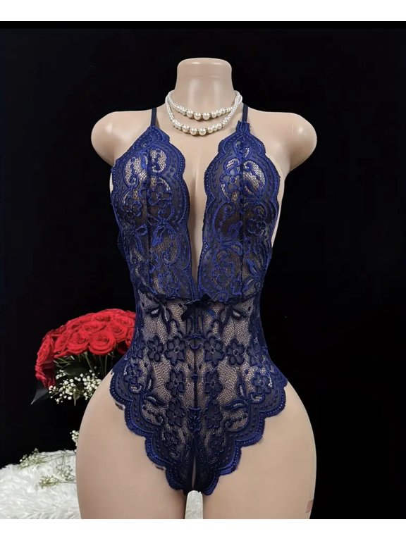 BEAUTIFUL LACE TEDDY LINGERIE DARK BLUE AND BLACK CROSSED BACK AND V NECK large