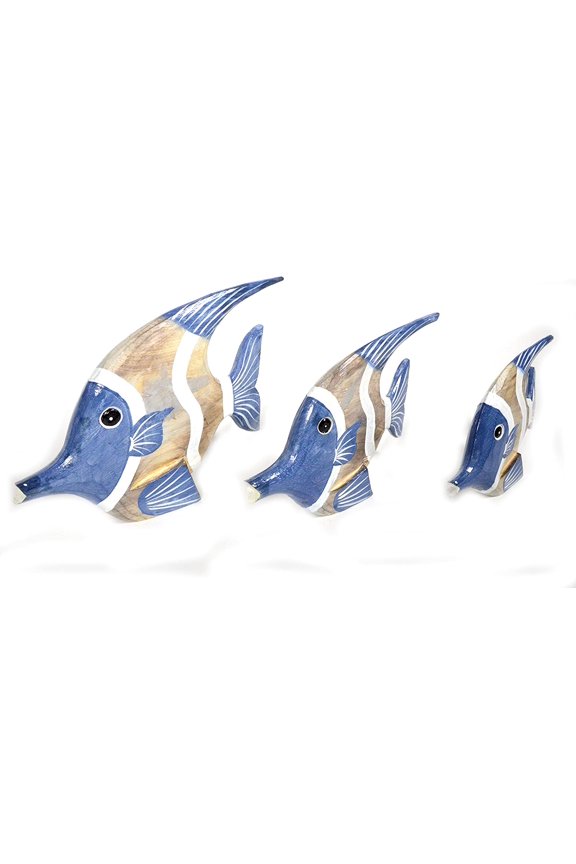 BEAUTIFUL UNIQUE SET OF 3 angel WOODEN FISH HAND CARVED STATUE SCULPTURE ART