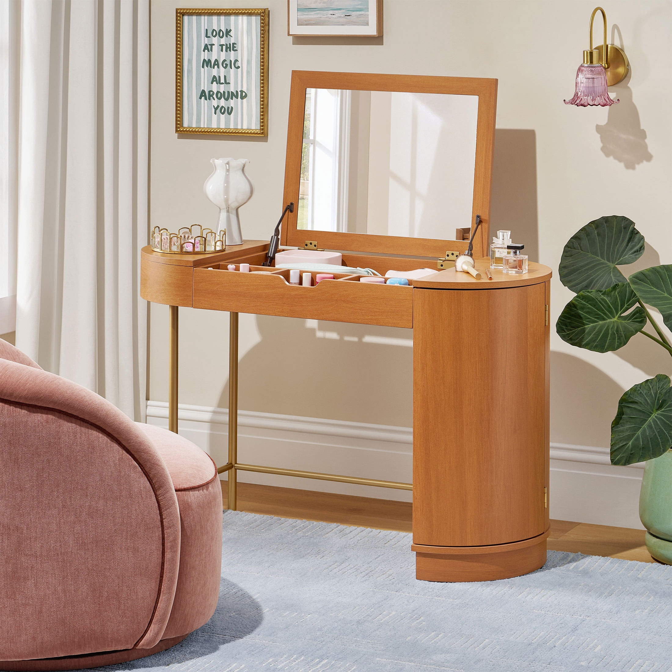Beautiful Mae Vanity by Drew Barrymore with Hinged Mirror, Cherry Finish, Power Station