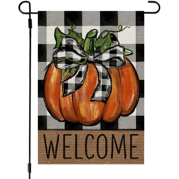 BEAUTY Fall Pumpkin Garden Flag 12x18 Inch Double Sided for Outside Thanksgiving Burlap Buffalo Plaid Welcome Small Seasonal Yard Decoration (Orange)