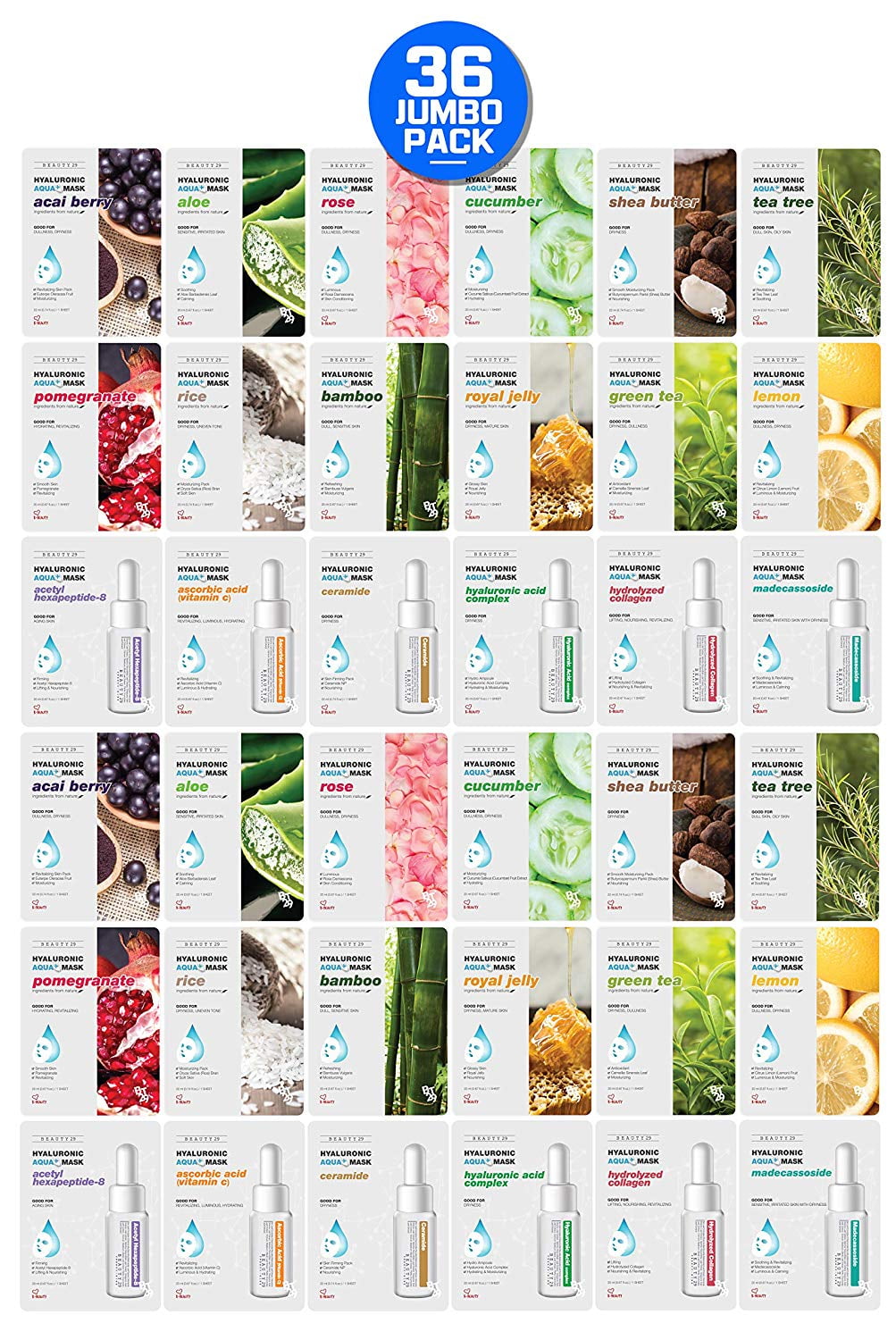 BEAUTY29 Hyaluronic Aqua Plus Essence Full Face Facial Sheet Mask 36 Sheets Combo Pack  - JUMBO VALUE SET - K Beauty Essence Sheet Mask