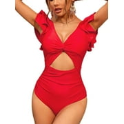 BEAUTYIN Sexy V Neck Backless Navel Exposed One Piece Swimwear for Women Double Straps Bath Suit Monkini