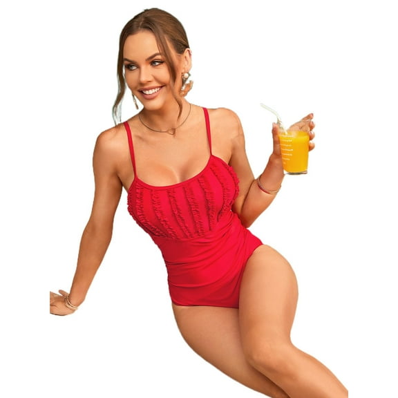 BEAUTYIN Sexy V Neck Solid color Lace One Piece Swimwear for Women Double Spaghetti Strap Bath Suit Monkini