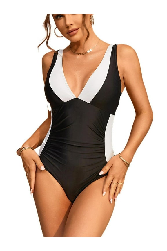 Sexy V Neck Splice Solor One Piece Swimwear for Women Double Straps Bath Suit Monkini
