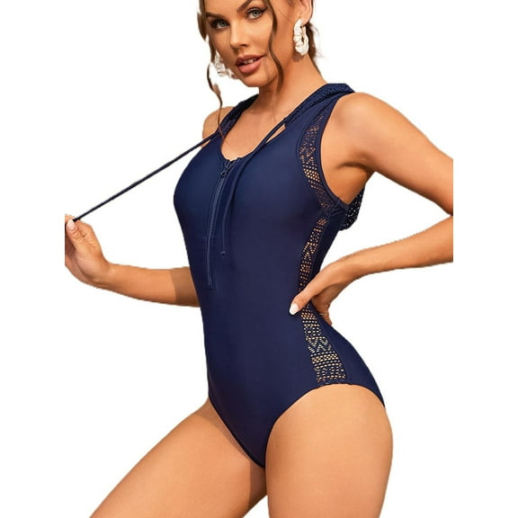 BEAUTYIN Sexy V Neck Zipper Sleeveless One Piece Swimwear for Women Bath Suit Monkini with Hat
