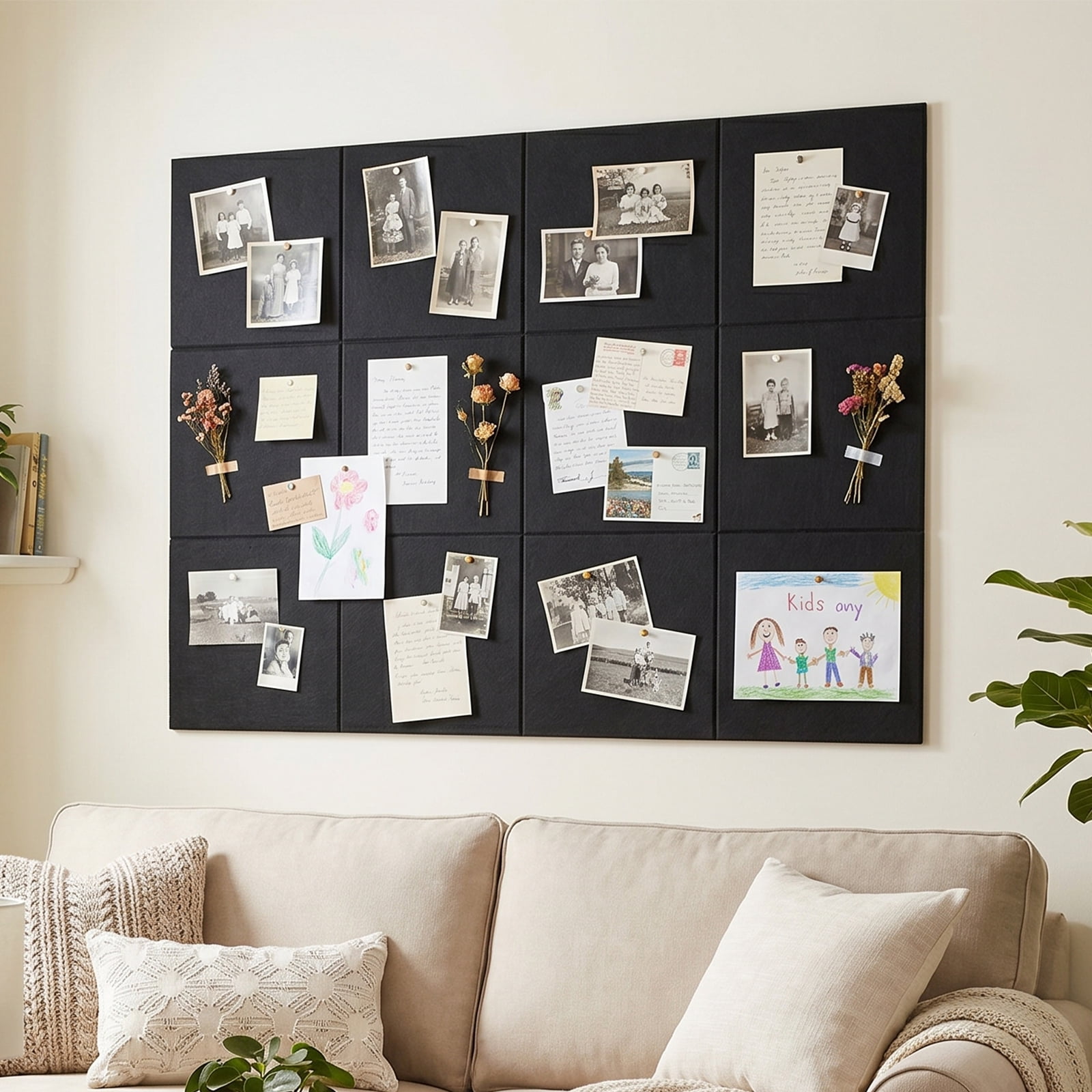 BEAUTYPEAK 12-Pack Felt Bulletin Board Tiles, 11.8"x11.8" Cork Boards for Wall，Black