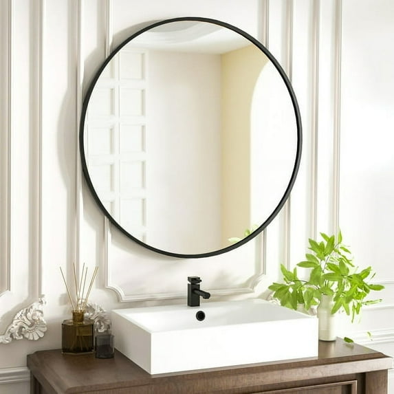 BEAUTYPEAK 18" Wall Mirror Bathroom Mirror Wall Mounted Round Mirror , Black