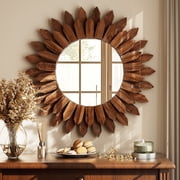 BEAUTYPEAK 20" Round Wood Sunburst Wall Mirror Vanity Mirror Wall Mounted, Dark brown