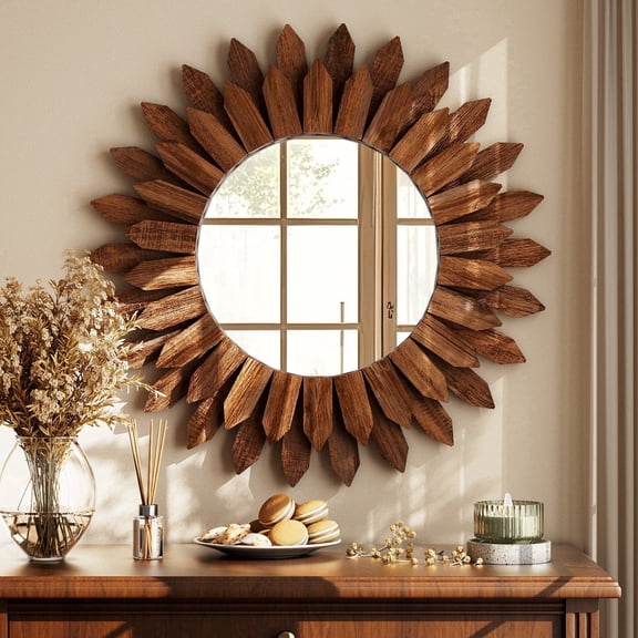 BEAUTYPEAK 20" Round Wood Sunburst Wall Mirror Vanity Mirror Wall Mounted, Dark brown