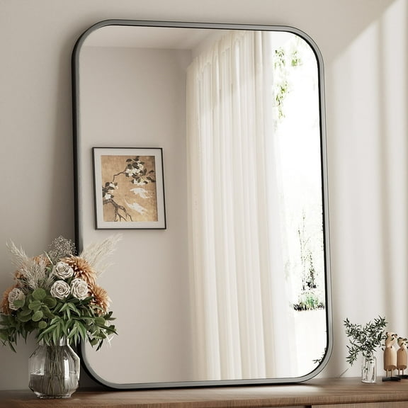 BEAUTYPEAK 20"x28" Wall Mirror Rounded Corners Hanging Vanity Mirror Black
