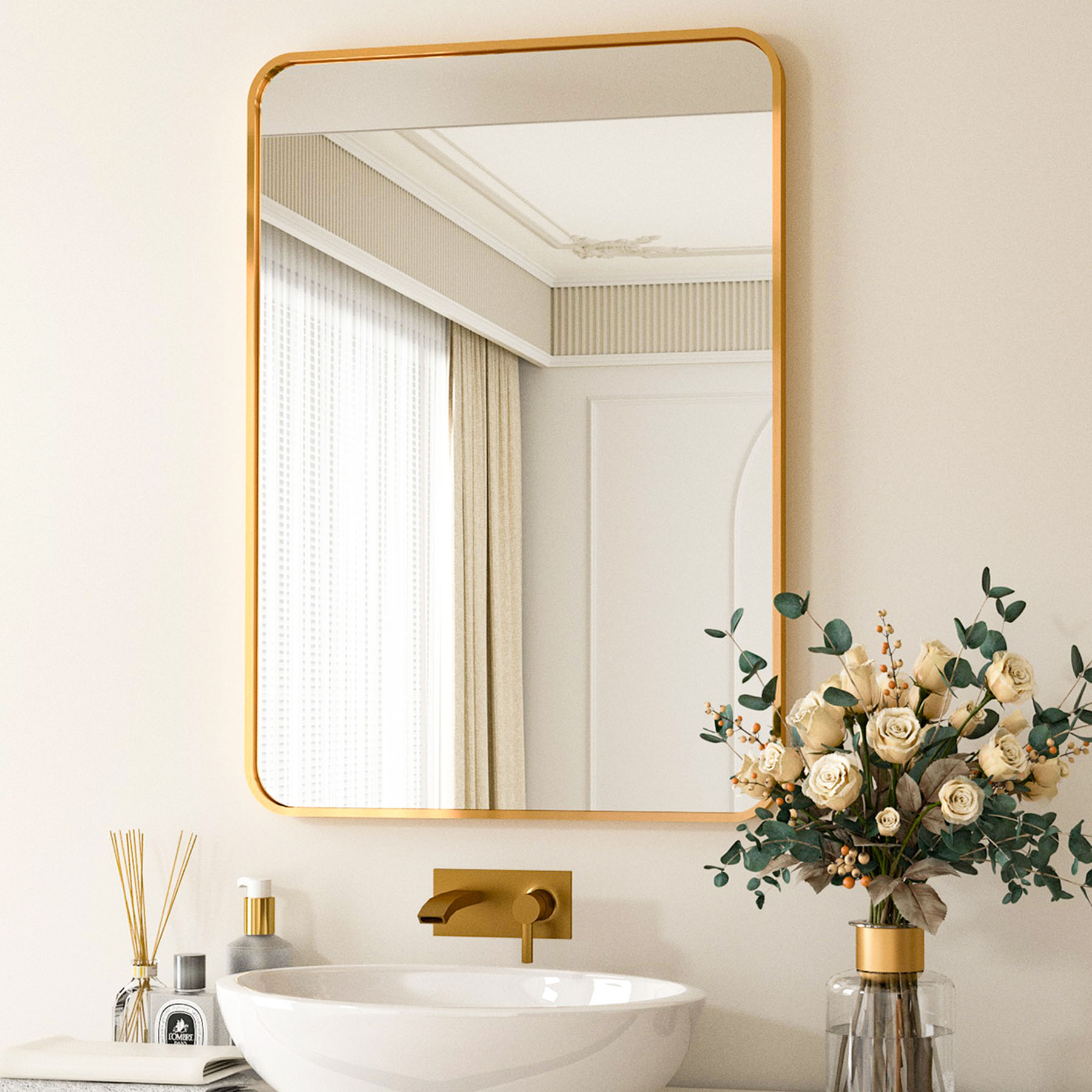 BEAUTYPEAK 20"x28" Wall Mirror Rounded Corners Hanging Vanity Mirror Gold - image 1 of 6