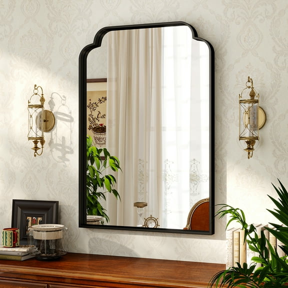 BEAUTYPEAK 20"x30" Arched Bathroom Mirror with Curved Top Modern Decorative Wall Mirror with Deep Frame, Black