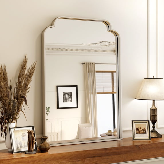BEAUTYPEAK 20"x30" Arched Bathroom Mirror with Curved Top Modern Decorative Wall Mirror with Deep Frame, Silver