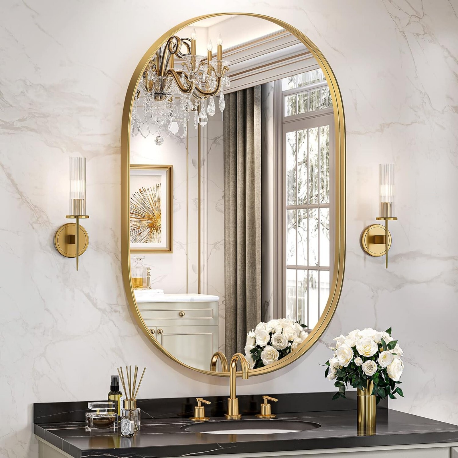 BEAUTYPEAK 22"x38" Oval Bathroom Wall Mirror with Deep Frame,Gold