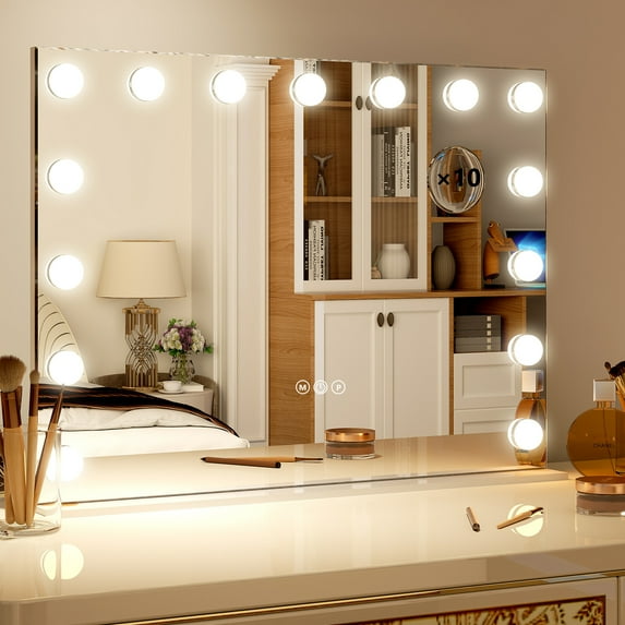 BEAUTYPEAK 23"x18" Rectangular Hollywood Vanity Mirror with Magnifier and 15 Adjustable Light Bulbs, White