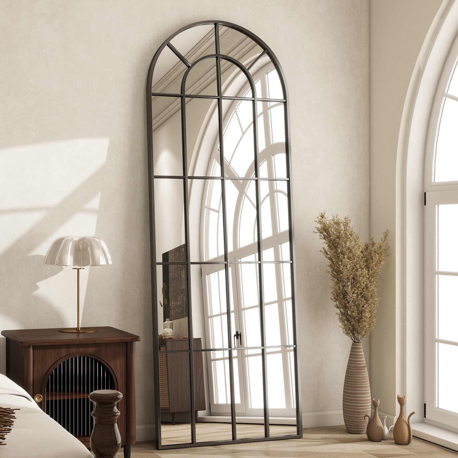 BEAUTYPEAK 65″x 23″ Arched Full Length Windowpane Mirror Wall-Decor Mirror,Black