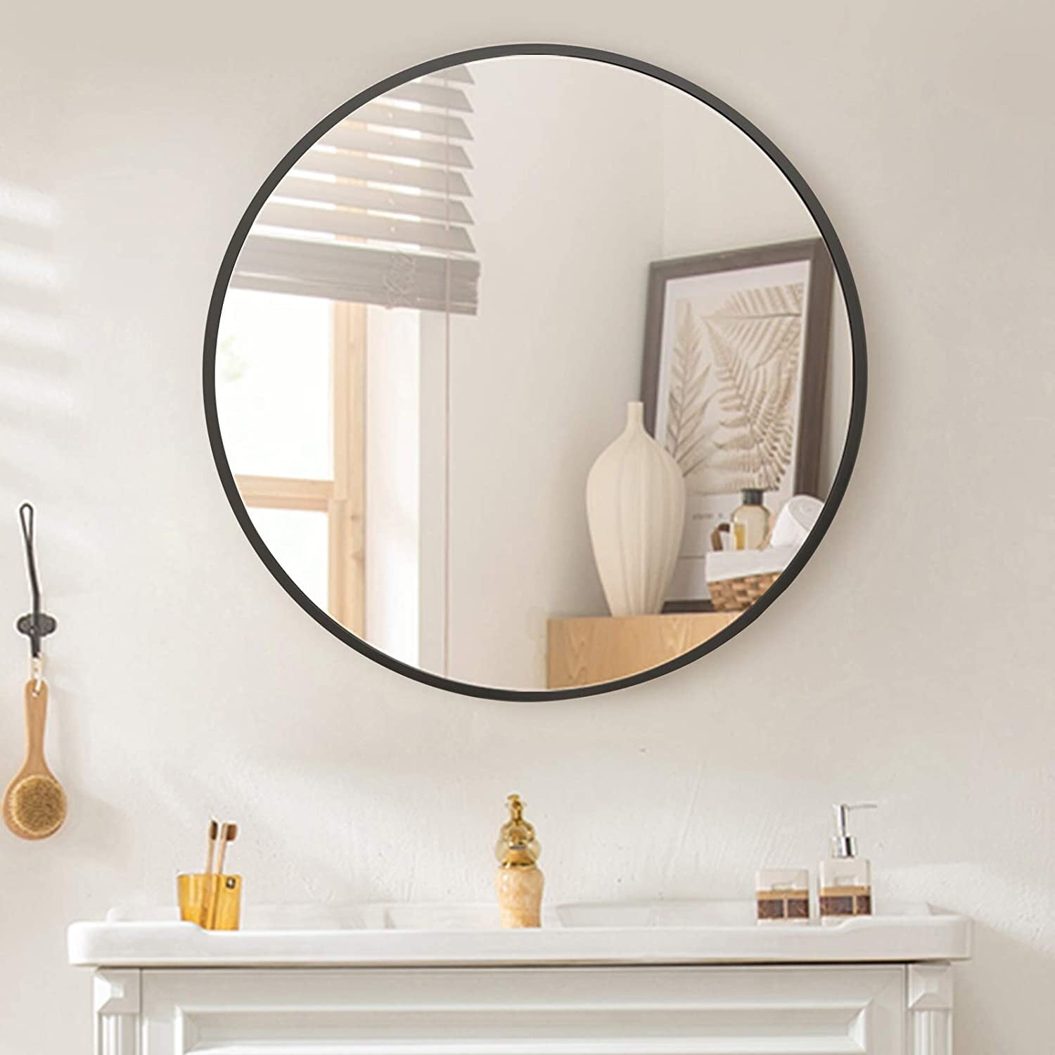 BEAUTYPEAK 24" Bathroom Mirror Wall Mirror Classic Round Mirror Hanging Leaning, Black