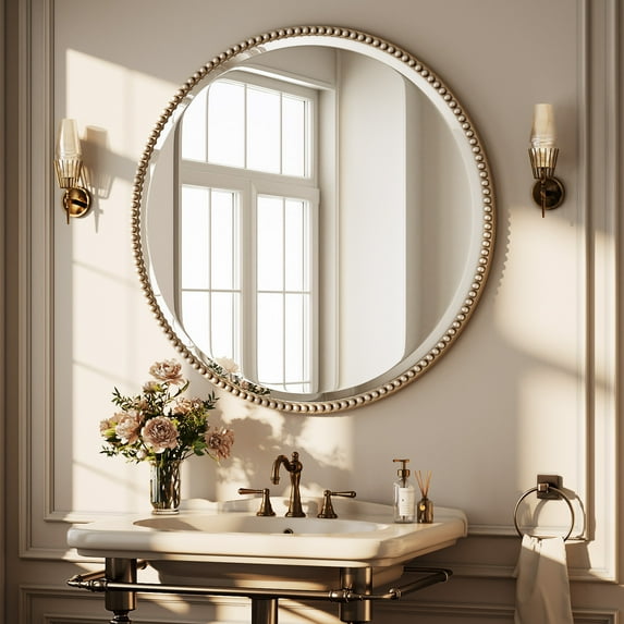 BEAUTYPEAK 24" Round Bathroom Vanity Mirror, Silver