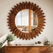 BEAUTYPEAK 24" Round Wood Sunburst Wall Mirror Vanity Mirror Wall Mounted, Dark brown