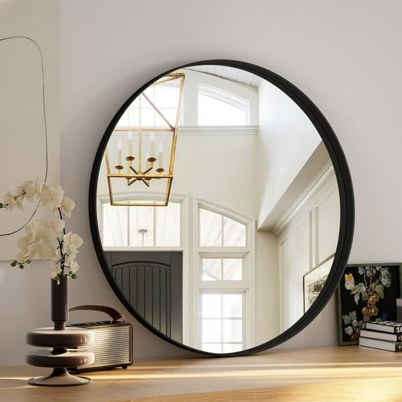 BEAUTYPEAK 24" Rounded Bathroom Wall Mirror with Deep Frame,Black